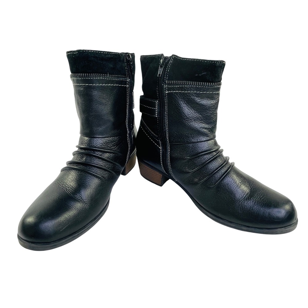 Earth Origins Dolly Black Leather Ruched Ankle Boots Buckle Zip Womens 10M 2016F